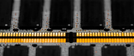 Macro Close up of computer RAM chip; random access memory chip slot for PC motherboardの写真素材
