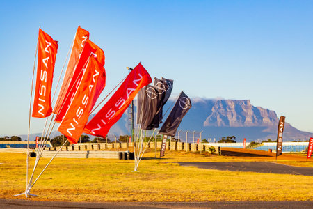 Cape Town, South Africa - February 24, 2023: Nissan vehicle branding flags at race trackのeditorial素材