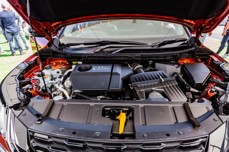 Cape Town, South Africa - February 24, 2023: Engine bay of Nissan E-Power X-Trail electric vehicleのeditorial素材