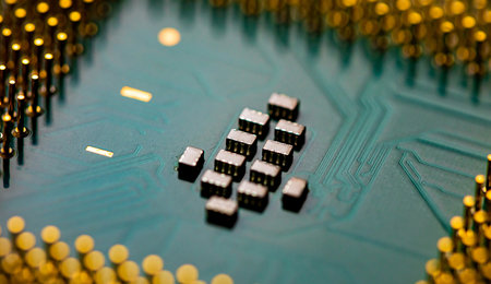 Macro Close up of microchips and pins on Main CPU PC processor circuit board.の写真素材