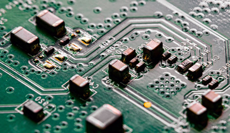 Macro Close up of printed wiring on PC circuit board of modem routerの写真素材