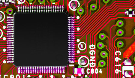 Macro Close up of components and microchips on PC circuit boardの写真素材
