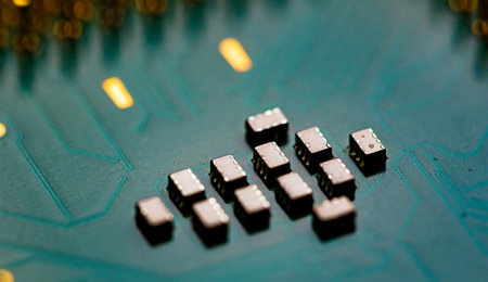 Macro Close up of microchips and pins on Main CPU PC processor circuit board.の写真素材