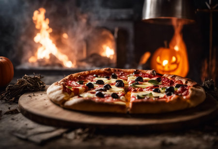 Halloween themed pizza on wooden table with Jack O Lantern pumpkin heads aroundの素材
