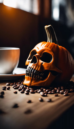 Halloween themed pumpkin spiced coffee setting with mug and moody decorの素材