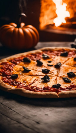 Halloween themed pizza on wooden table with Jack O Lantern pumpkin heads aroundの素材