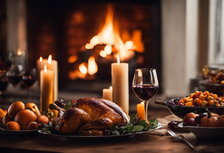 Thanksgiving dinner in rustic settingの素材