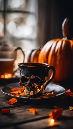 Halloween themed pumpkin spiced coffee setting with mug and moody decorの素材