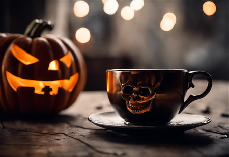 Halloween themed pumpkin spiced coffee setting with mug and moody decorの素材