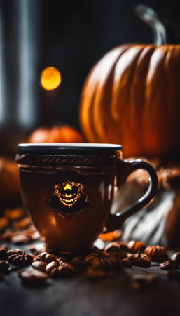 Halloween themed pumpkin spiced coffee setting with mug and moody decorの素材