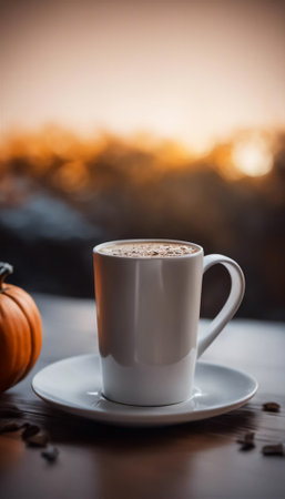 Halloween themed pumpkin spiced coffee setting with mug and moody decorの素材