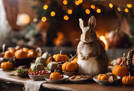 An AI generated illustration of a traditional Thanksgiving dinner scene with a roasted turkeyの素材