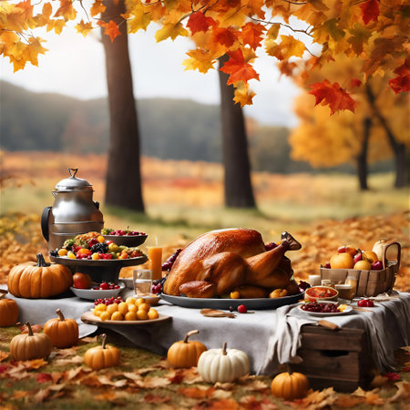 An AI generated illustration of a traditional Thanksgiving dinner scene with a roasted turkeyの素材