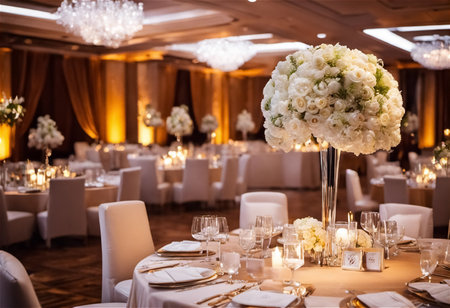 An AI Generative illustration digital art of decor for gala dinner in banquet hallの素材