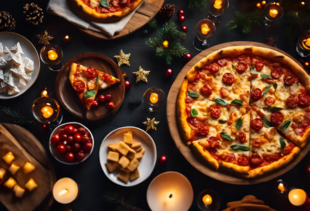 An AI illustration of a festive scene of Christmas and Pizzasの素材
