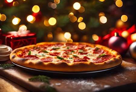 An AI illustration of a festive scene of Christmas and Pizzasの素材