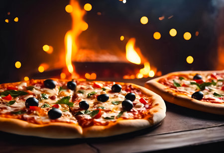 An AI Generative illustration of a traditional Italian Pizza on a wooden tableの素材