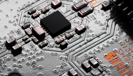Macro Close up of components and microchips on PC circuit boardの写真素材