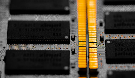 Macro Close up of computer RAM chip; random access memory chip slot for PC motherboardの写真素材