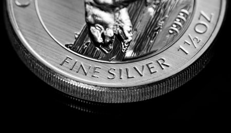 Macro Close up of  Silver Bullion Coin on a black mirror background