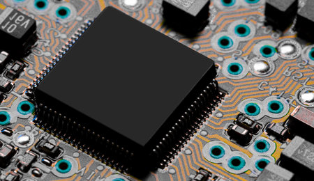 Macro Close up of printed wiring and components on PC circuit board