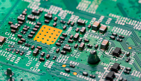 Macro Close up of printed wiring on PC circuit board of modem router