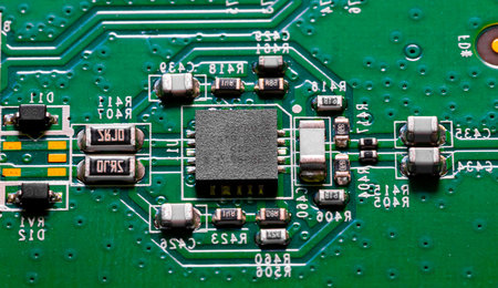 Macro Close up of components and microchips on PC circuit board