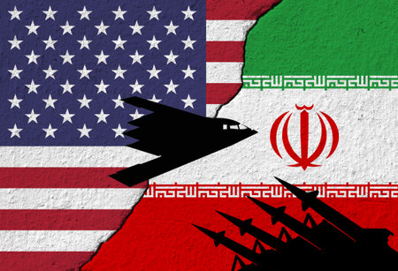 Conceptual image of war between Israel and Iran, using flag and silhouetteの写真素材