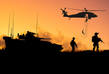 Conceptual image of war with soldier silhouette against a sunset background