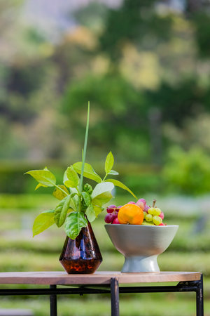 Outdoor table setting for garden party, with fruit bowl and flowersの写真素材