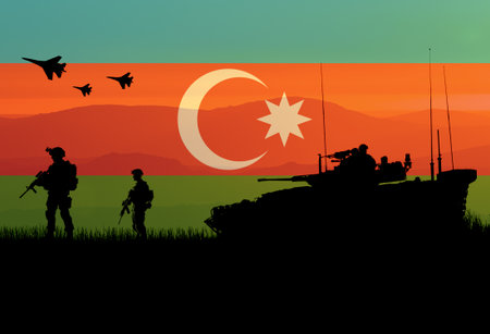 Conceptual image of war between Russia and Azerbaijan, using flag and silhouette