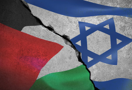 Conceptual image of war between Israel and Palestine, using flag and silhouette