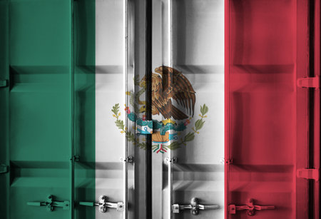 Shipping container with Mexican national flag overlay symbolising tariffs and international trade...