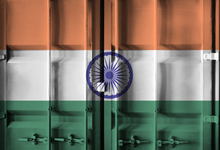 Shipping container with Indian national flag overlay symbolising tariffs and international trade...