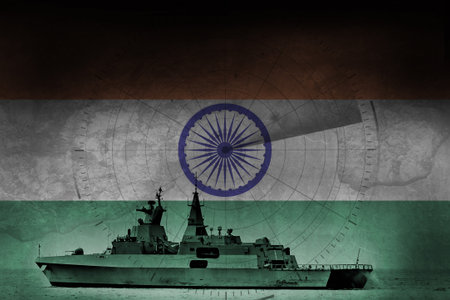 Abstract concept design of India Navy Frigate warship with flag and radar overlay