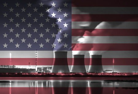 Coal Fired Power Plant with American National Flag Overlay Symbolising Energy Production and Fossil...