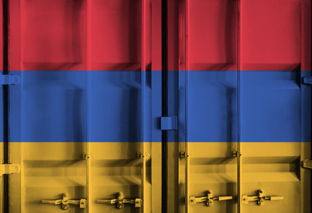 Shipping container with Armenia national flag overlay symbolising tariffs and international trade...