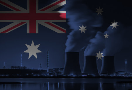 Coal Fired Power Plant with Australian National Flag Overlay Symbolising Energy Production and Fossil Fuel Useの写真素材