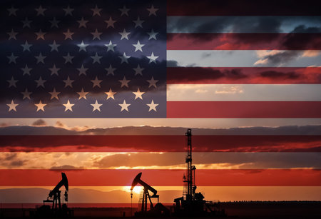 Drilling for oil in the countryside at sunset with American national flag overlayの写真素材