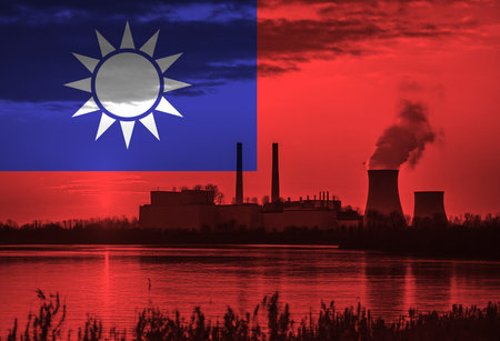 Coal Fired Power Plant with Taiwan National Flag Overlay Symbolising Energy Production and Fossil Fuel Useの写真素材