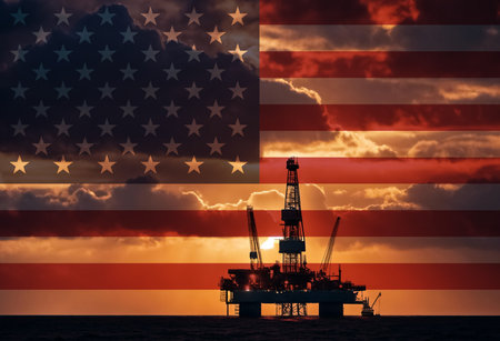Natural Gas drilling rig with American flag overlay symbolising natural resources in countryの写真素材