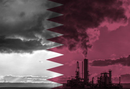 Natural Gas drilling rig with Qatar flag overlay symbolising natural resources in country