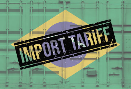 Shipping container with Brazilian national flag overlay symbolising tariffs and international trade...