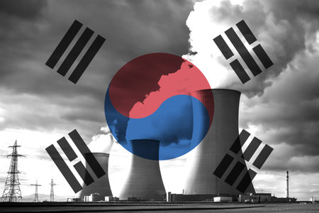 Nuclear Power Plant with South Korean National Flag Overlay Symbolising Clean Energy Production