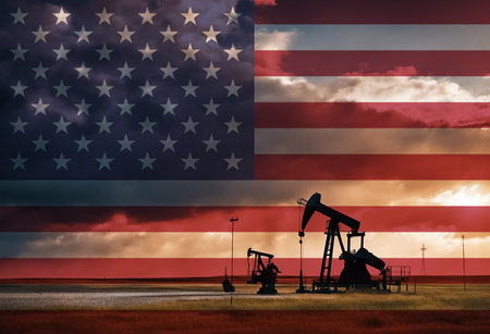 Drilling for oil in the countryside at sunset with American national flag overlayの写真素材