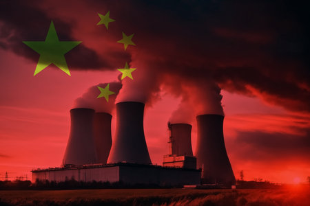 Nuclear Power Plant with Chinese National Flag Overlay Symbolising Clean Energy Productionの写真素材