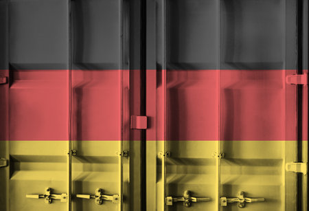 Shipping container with German national flag overlay symbolising tariffs and international trade...