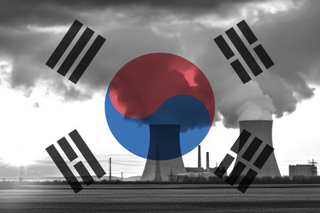 Nuclear Power Plant with South Korean National Flag Overlayの写真素材