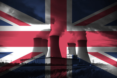 Nuclear Power Plant with British National Flag Overlay Symbolising Clean Energy Productionの写真素材