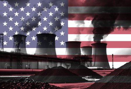 Coal Fired Power Plant with American National Flag Overlay Symbolising Energy Production and Fossil...